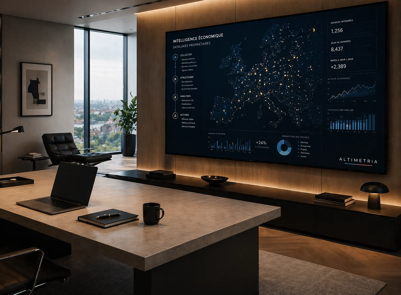 Salle de direction Altimetria avec mur d’analyse intelligence marché et commande publique